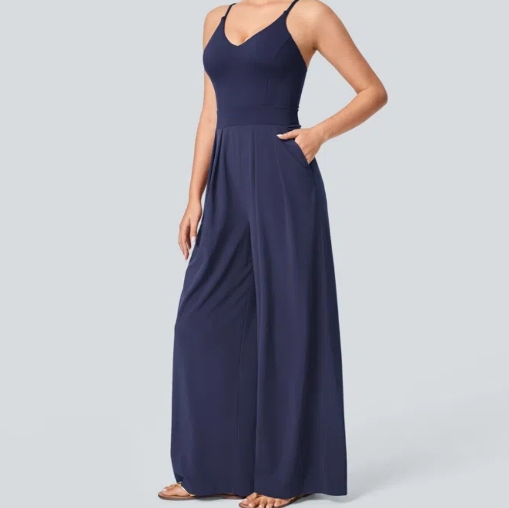 HALARA Navy V-Neck Wide Leg Jumpsuit with Pockets